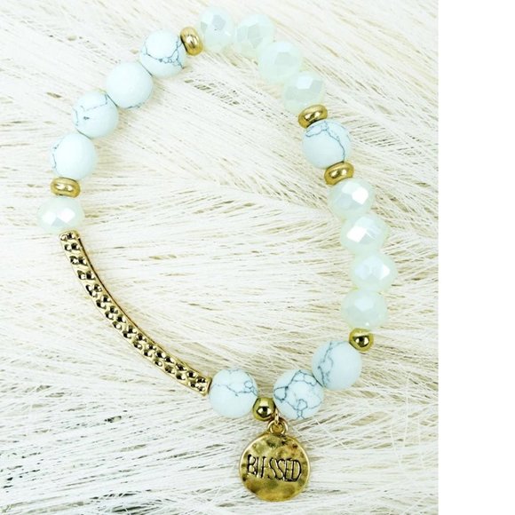 One Blessed Nana Jewelry - NWT BOUTIQUE   'BLESSED' WHITE SEMI-PRECIOUS & GLASS BEAD STRETCH BRACELET 5*